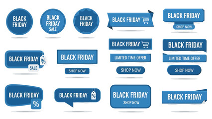 A collection of various black and grey Black Friday sale buttons, labels, and badges with discount offers and promotional text.