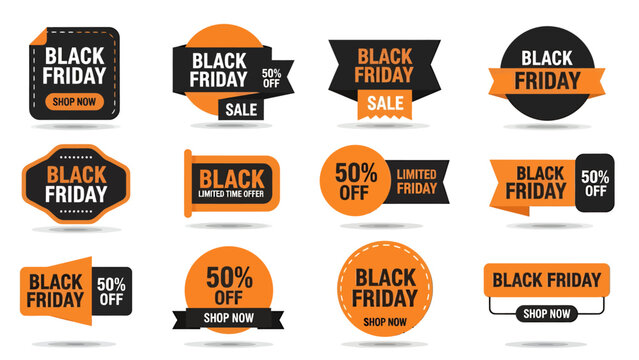 A collection of black and orange Black Friday sale badges and labels with various designs and discount offers for promotional marketing.
