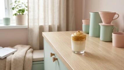Dalgona coffee in a pastel-colored kitchen setting, soft light, aesthetic lifestyle photography, Scandinavian-inspired interior, calm and serene mood