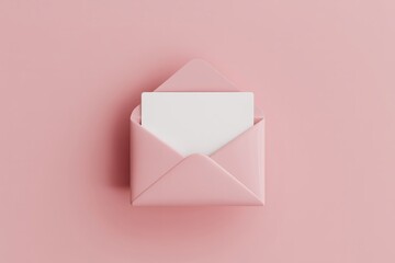 Minimalist Pink Open Envelope with a Blank White Card Inserted Against a Soft Pastel Background; Invitation, Greeting or Love Letter Mockup.