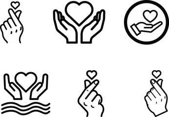 Obraz premium A collection of diverse black outline heart and hand icons symbolizing love care and generous giving perfect for web design and social media graphics
