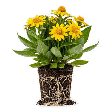 Spilanthes acmella roots with yellow flowers on white background