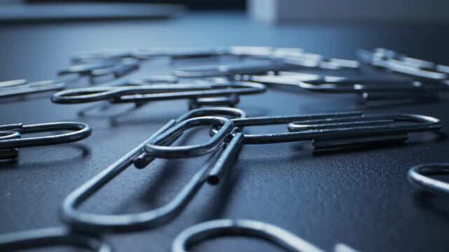 Close-up of numerous metallic paperclips scattered on a dark surface, with blurred background. Focus