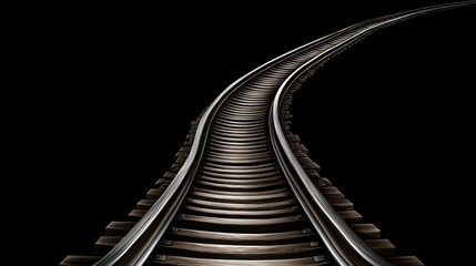 Curving railroad tracks stretch into darkness, revealing the journey ahead in a quiet, secluded area during the night