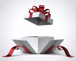 3D Render of a White Open Empty Gift Box with Floating Lid and Curled Red Ribbon Isolated on a Clean White Background for Copy Space.