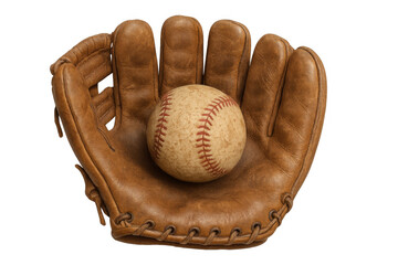 Fototapeta premium Vintage baseball glove in brown leather with a traditional ball, ready for play, representing sports heritage