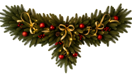 Christmas garland with red ornaments and gold ribbons on green pine branches isolated on transparent background