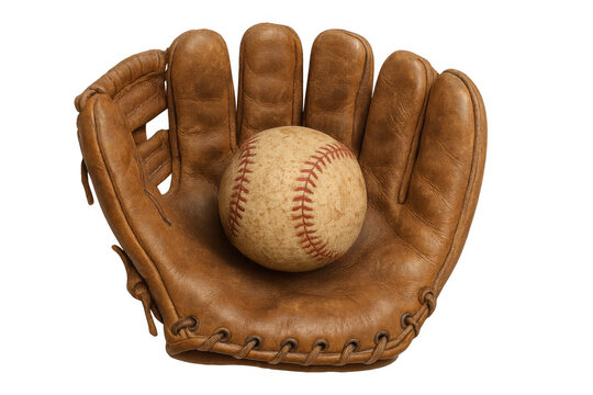 Vintage baseball glove in brown leather with a traditional ball, ready for play, representing sports heritage