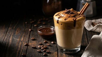 Dalgona coffee with chocolate drizzle and cinnamon garnish, gourmet presentation, dark moody style, professional culinary photography