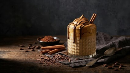 Dalgona coffee with chocolate drizzle and cinnamon garnish, gourmet presentation, dark moody style, dramatic shadows, professional culinary photography
