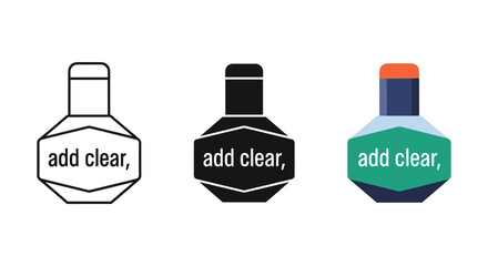 Add clear ink bottle icon set outline flat vector style illustrating transparent liquid container