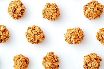 Golden-brown granola clusters, rich in detail, perfectly arranged on a bright white background, sharp focus for an organic snack advertisement.