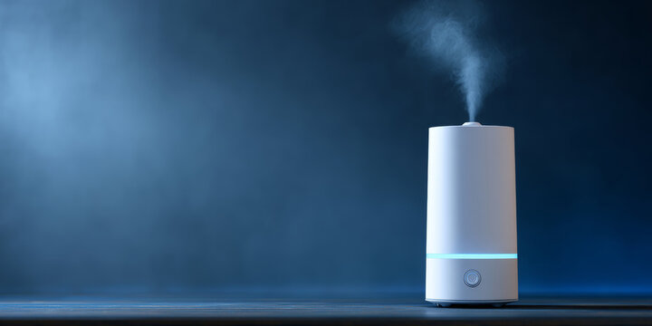 Modern white ultrasonic humidifier emitting mist on dark blue background with soft lighting and minimalistic composition