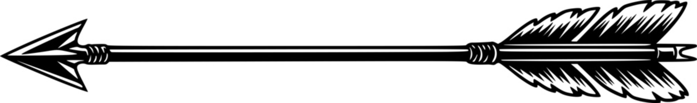 Hunting arrow silhouette. A black arrow with a pointed tip and fletched tail represents a traditional hunting tool or projectile weapon. Vector clipart illustration design