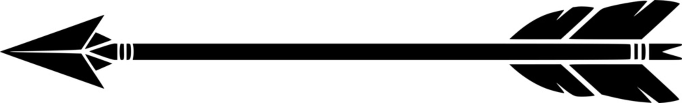 Hunting arrow silhouette. A black arrow with a pointed tip and fletched tail represents a traditional hunting tool or projectile weapon. Vector clipart illustration design