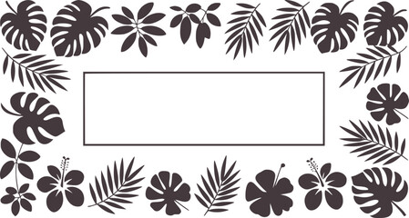 Black and white tropical leaf and flower decorative frame border