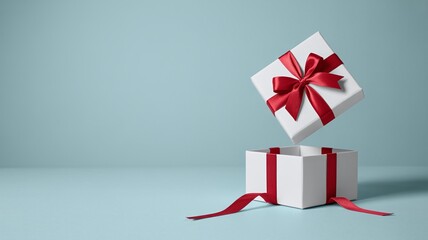 White gift box with vibrant red ribbon and bow, lid lifting off the container on a soft blue background, perfect for promotions, surprise reveals, and holiday sales.