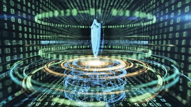 Cybersecurity Shield on Data Stream - A digital blue shield symbol is the main focus, appearing above concentric rings of light, against a backdrop of streaming hexadecimal code.
