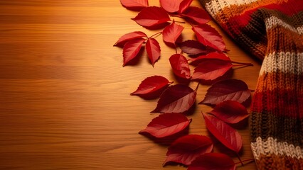 A cozy autumn scene, showcasing vibrant red leaves and a warm scarf on a wooden surface. This image embodies the essence of the fall season.