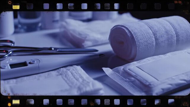 Medical scene stethoscope thermometer, gauze pads, bandage, papers and rolled tape under cool light