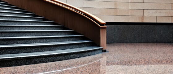 Elegant staircase design in a modern building showcasing polished granite and wood accents near the entrance during daylight