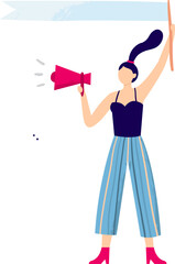 Woman holding megaphone and blank banner promoting message