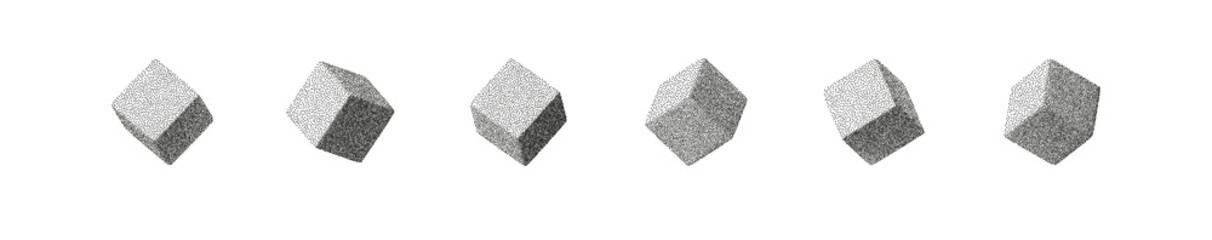Set of abstract 3D cubes with grainy noise texture and soft halftone shading. Minimal geometric shapes on white background create a modern retro look with subtle stipple gradients and smooth shadows.