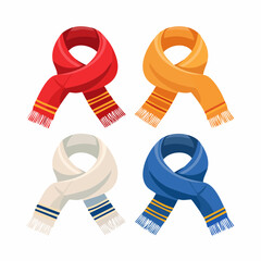 Four Cozy Scarves in Red Orange White and Blue Colors.