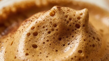 Macro shot of the bubbly texture of whipped dalgona coffee foam, extreme close-up, detailed food macro
