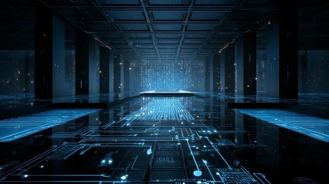 Futuristic digital corridor with glowing blue circuits and technological light patterns