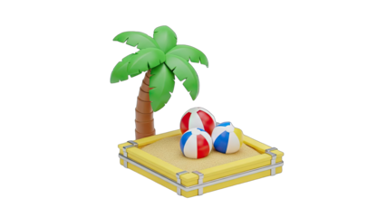 3D Rendered Tropical Beach Scene With Palm Tree Sandpit And Three Colorful Beach Balls On A Transparent Background
