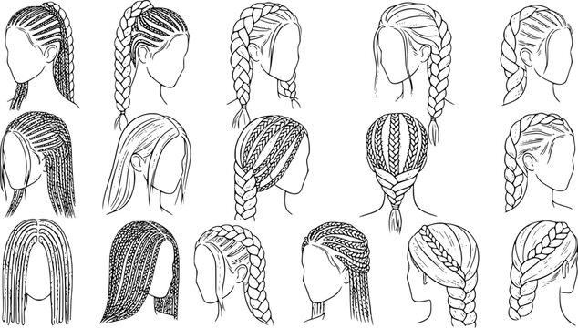 Vector illustration collection depicting various braided hairstyle styles for women in black and white outlines
