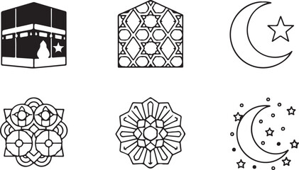 Minimalist Islamic Symbols Vector Set: Kaaba, Crescent Moon and Star, Arabic Geometric Patterns, Ramadan Mubarak and Eid Al-Fitr Celebration Icon Collection.