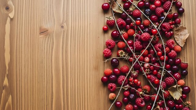 A vibrant display of various red berries artistically arranged on a wooden surface. The berries include cherries, raspberries, and currants.