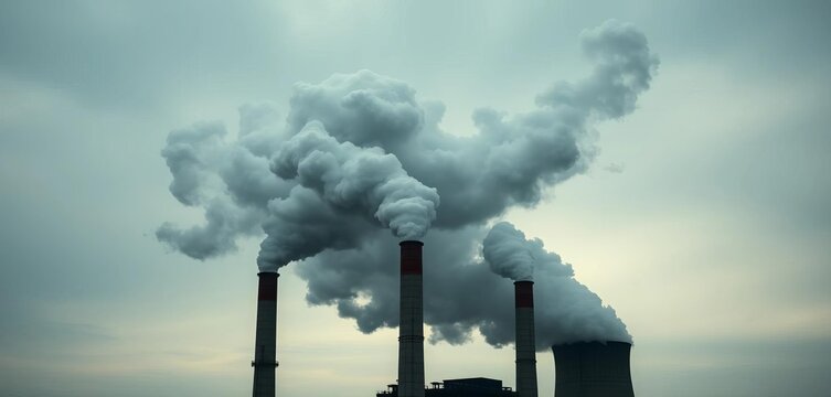 Grimy smokestacks belch thick grey smoke against a bleak sky,  air quality,  heavy industry