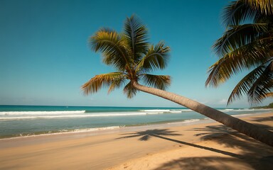 Obraz premium Leaning palm tree casts shadow on tropical beach under blue sky