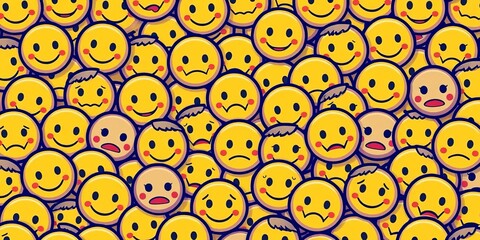 Seamless yellow emoticon faces, happy and sad, creating a cheerful yet melancholic cartoon crowd pattern,  cartoon,  endless