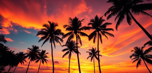 Serene sunset bathes coconut palms in warm orange, creating striking silhouettes against the fiery sky,   tropical landscape,  orange sky