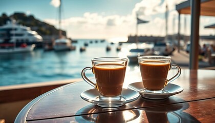 Two espresso cups on a seaside cafe table, sunlit harbor view, coastal town, cups