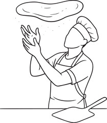 Pizza chef tossing dough, line art
