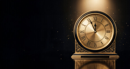 Elegant vintage-style golden clock illuminated on a dark background, symbolizing time, luxury, tradition, and countdown themes