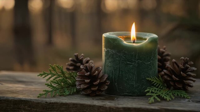 Glowing dark green candle flame illuminates natural rustic holiday decoration with cedar sprigs and pinecones resting on textured wood