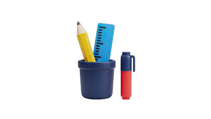 3D Render Of A Yellow Pencil A Blue Ruler And A Red Marker In A Blue Cup On Transparent Background