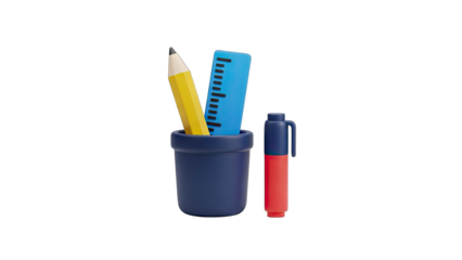 3D Render Of A Yellow Pencil A Blue Ruler And A Red Marker In A Blue Cup On Transparent Background