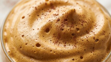 Macro shot of the bubbly texture of whipped dalgona coffee foam, extreme close-up, detailed food macro, abstract culinary background