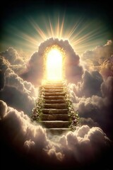 Stairway to heaven, ascending into a celestial realm, sky and cloud background