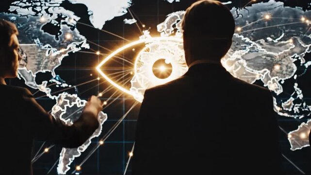Executives in Silhouette Analyzing Global Power Map - Three silhouetted executives stand before an illuminated world map overlaid with a glowing, all-seeing eye symbol.