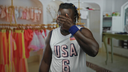 Man wearing usa jersey holds out open palm toward camera blocking view inside a clothing store building with racks of dresses and garments; defiance.