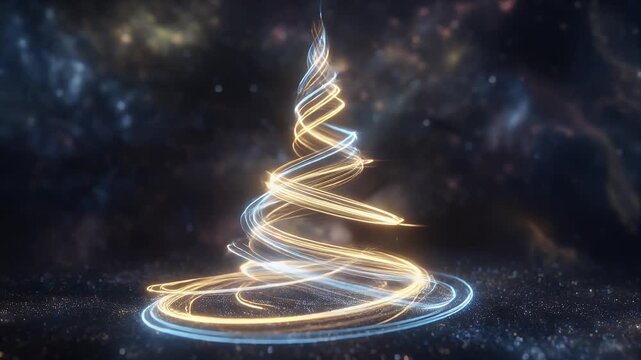 Intertwined golden blue neon light lines form an abstract energetic conical spiral structure against a glittering cosmic darkness