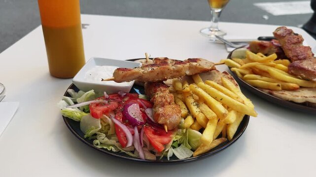 Greek pita, chicken souvlaki, green salad with fresh vegetables, French fries, and tzatziki sauce. Greek cuisine. High quality 4k footage